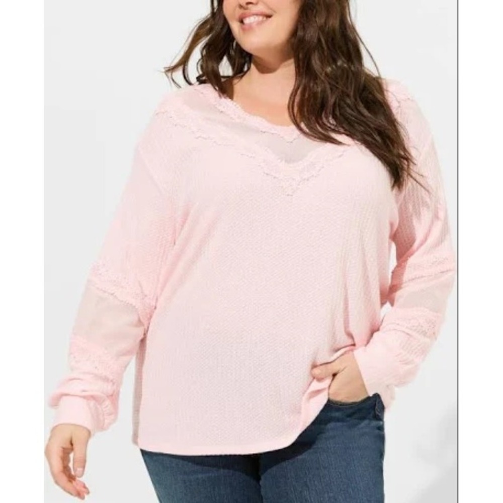 TORRID Pink Lace Trim Waffle Knit V Neck Long Sleeve‎ Sweater Top Plus Size 0